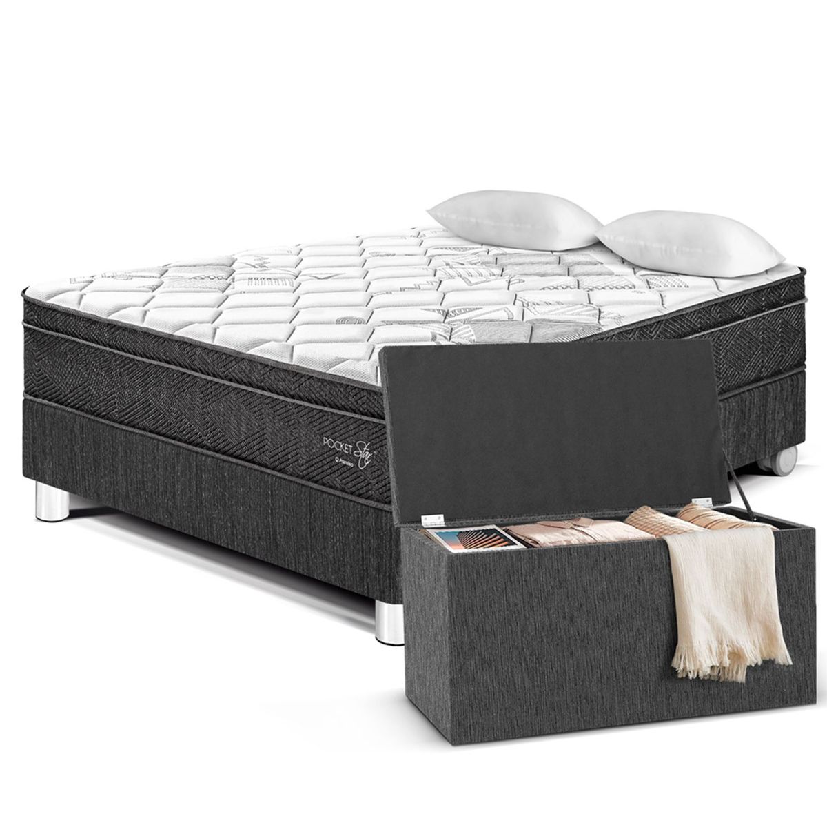 PARAISO - Cama Box Tarima Pocket Star 2 Plz Charcoal + Baúl Grande + 2 Almohadas