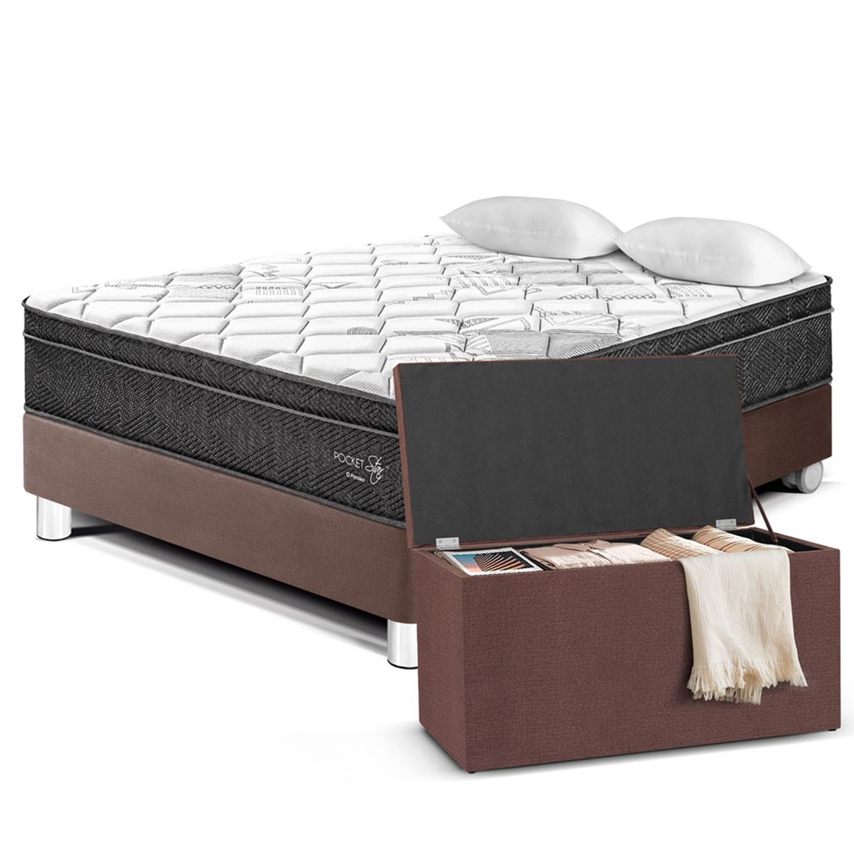 PARAISO - Cama Box Tarima Pocket Star 2 Plz Charcoal + Baúl Grande + 2 Almohadas
