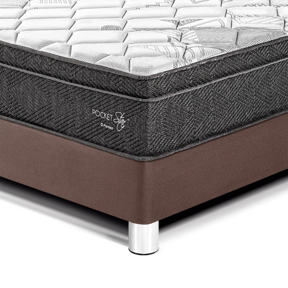 PARAISO - Cama Box Tarima Pocket Star 2 Plz Charcoal + Baúl Grande + 2 Almohadas