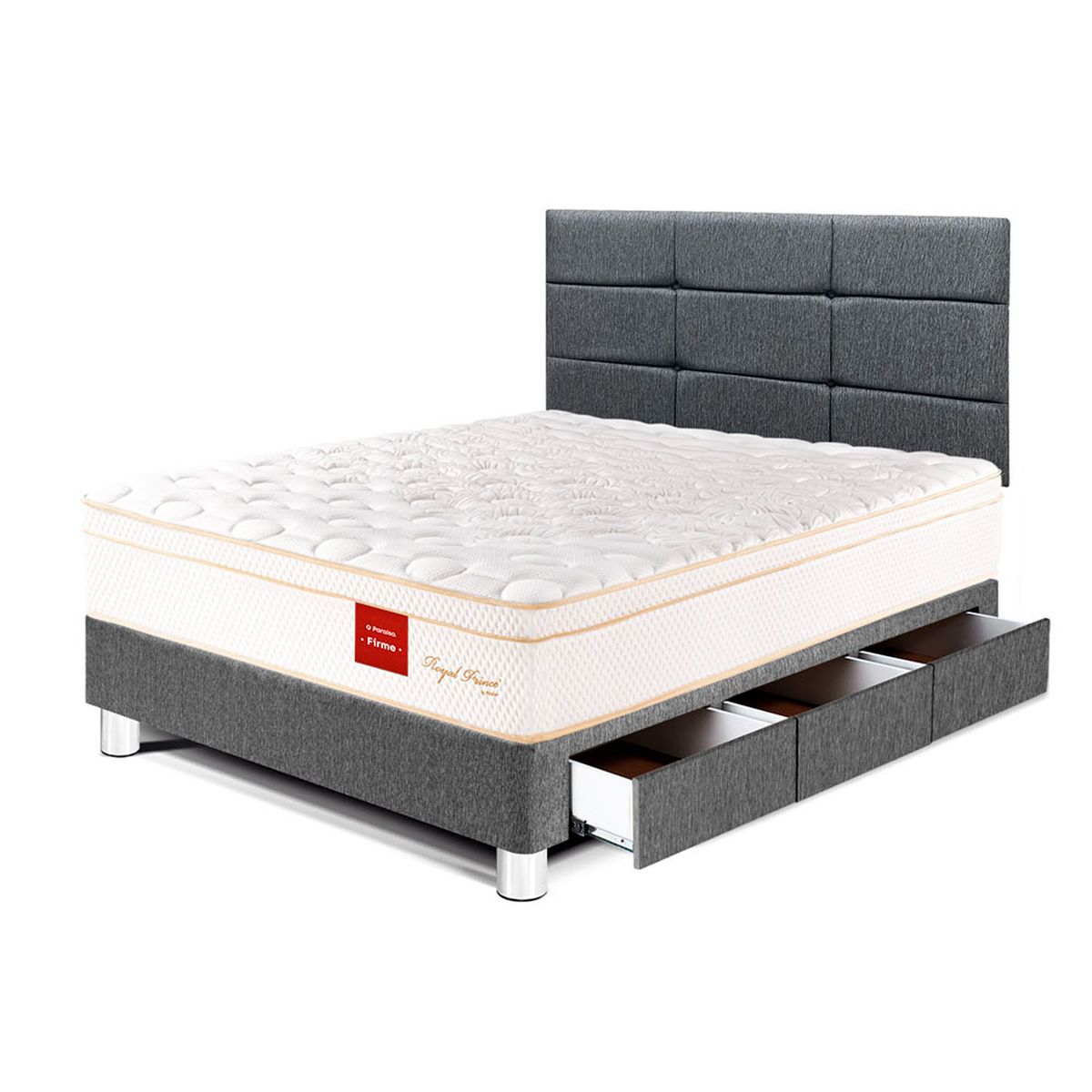 PARAISO - Dormitorio Con Cajones Royal Prince Firme Blocks 1.5 Plz Gris + 1 Almohada Viscoelástica