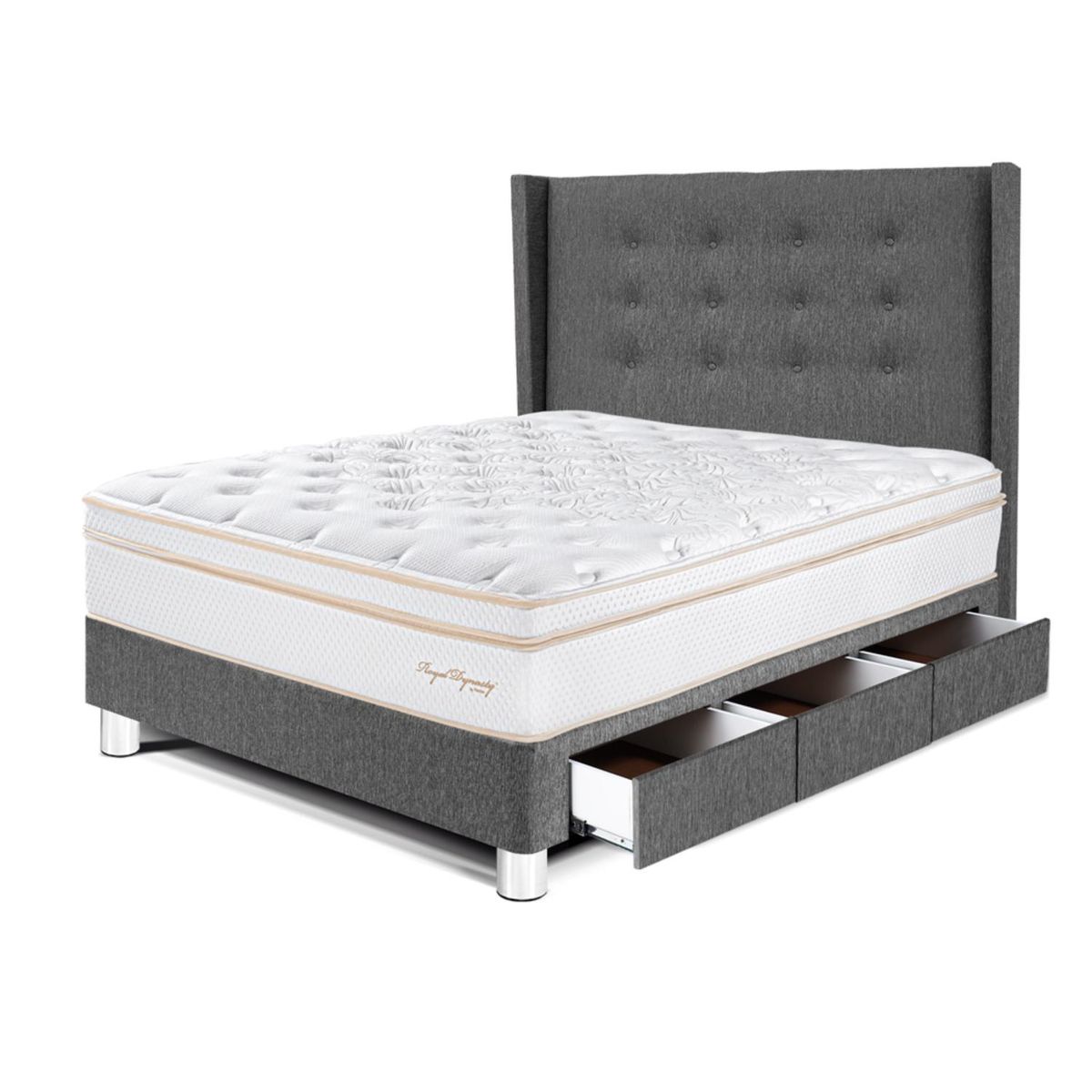 PARAISO - Dormitorio Con Cajones Royal Dynasty Gold 1.5 Plz Gris + 1 Almohada Viscoelástica