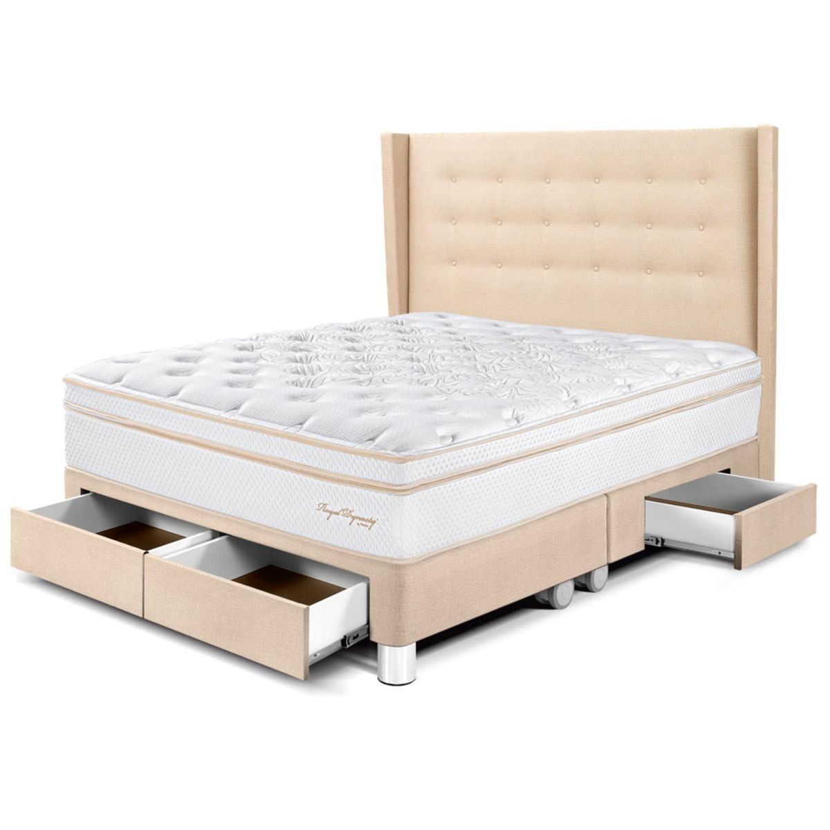 PARAISO - Dormitorio con Cajones Royal Dynasty Gold Queen + 2 Almohadas Viscoelásticas + Protector