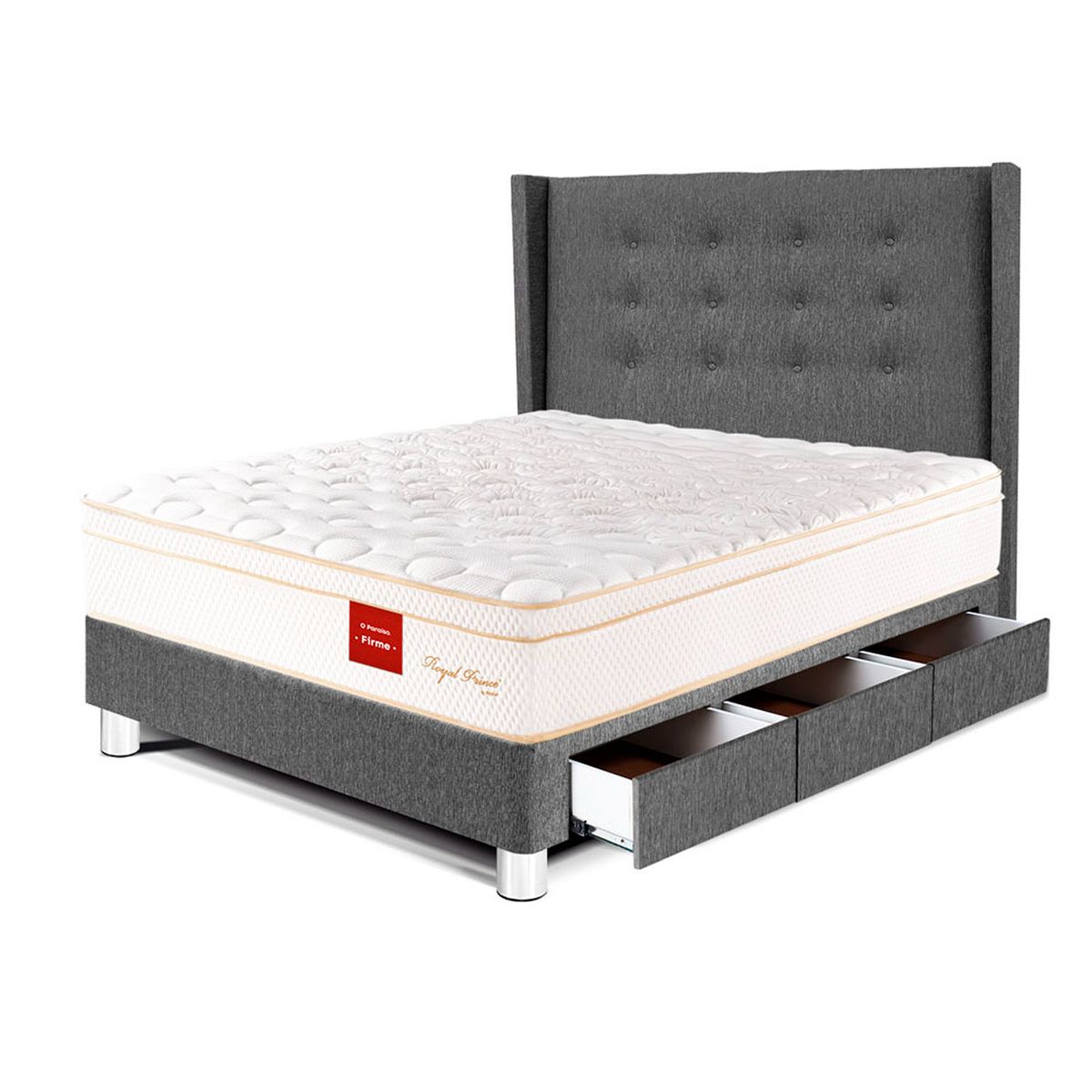 PARAISO - Dormitorio Con Cajones Royal Prince Firme Gold 1.5 Plz Gris + 1 Almohada Viscoelástica