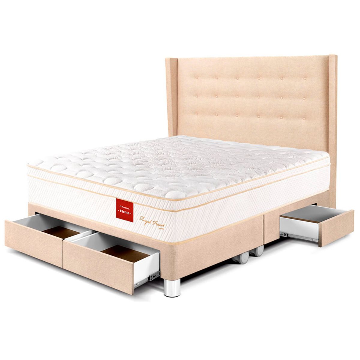 PARAISO - Dormitorio con Cajones Royal Prince Firme Gold Queen + 2 Almohadas Viscoelásticas + Protector