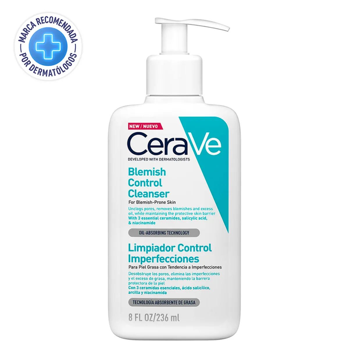 CERAVE - Limpiador Facial Control Imperfecciones, Desobstruye Poros, 236 Ml