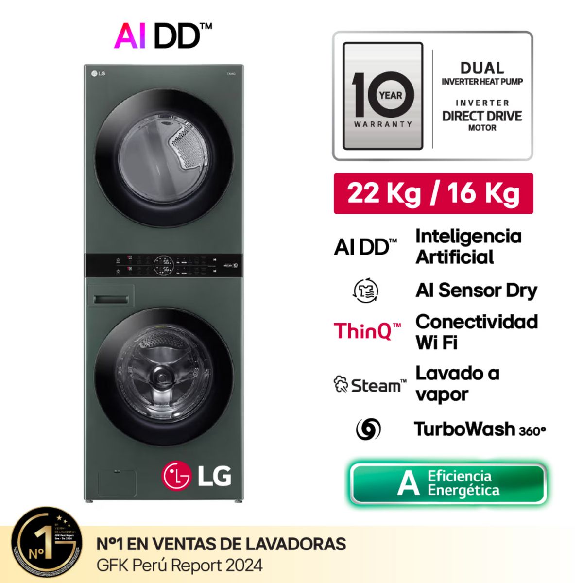 LG - Centro De Lavado Washtower WK22GGS6 22/16kg AI DD Carga Frontal Verde LG