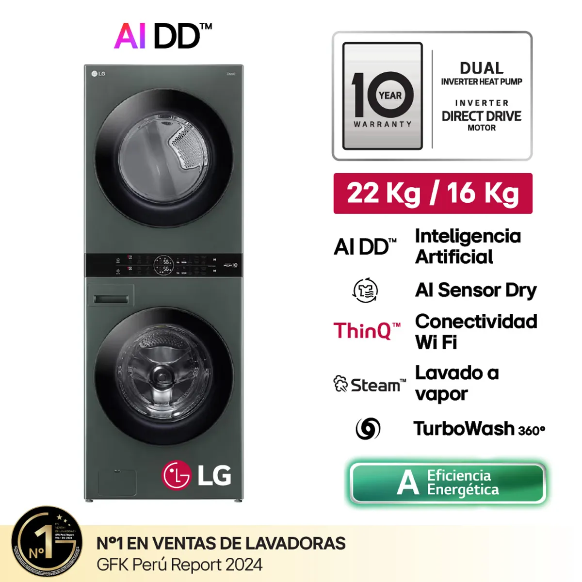 LG - Centro De Lavado Washtower WK22GGS6 22/16kg AI DD Carga Frontal Verde LG