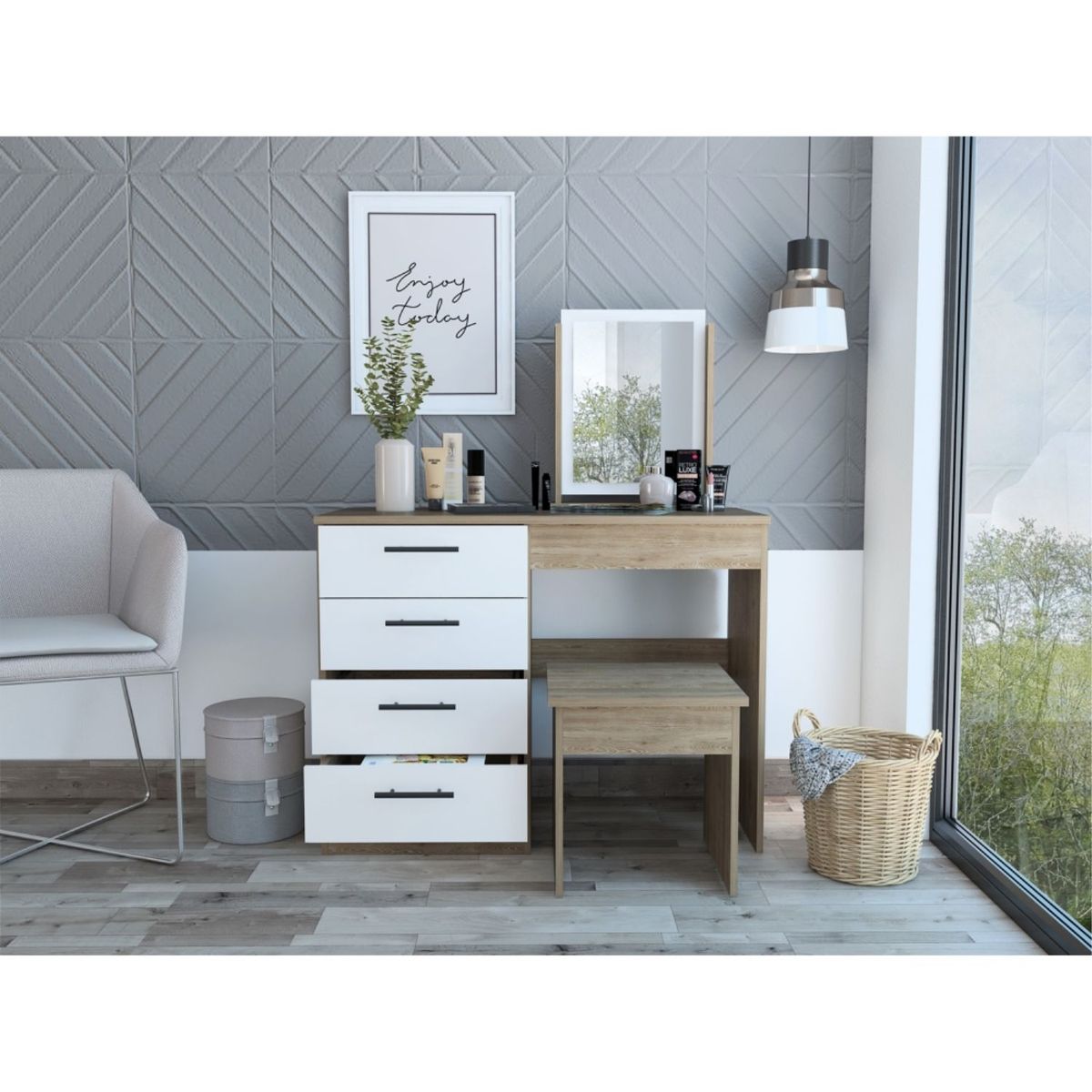 TUHOME - Mueble Tocador 4 Cajones Bicolor Kaia
