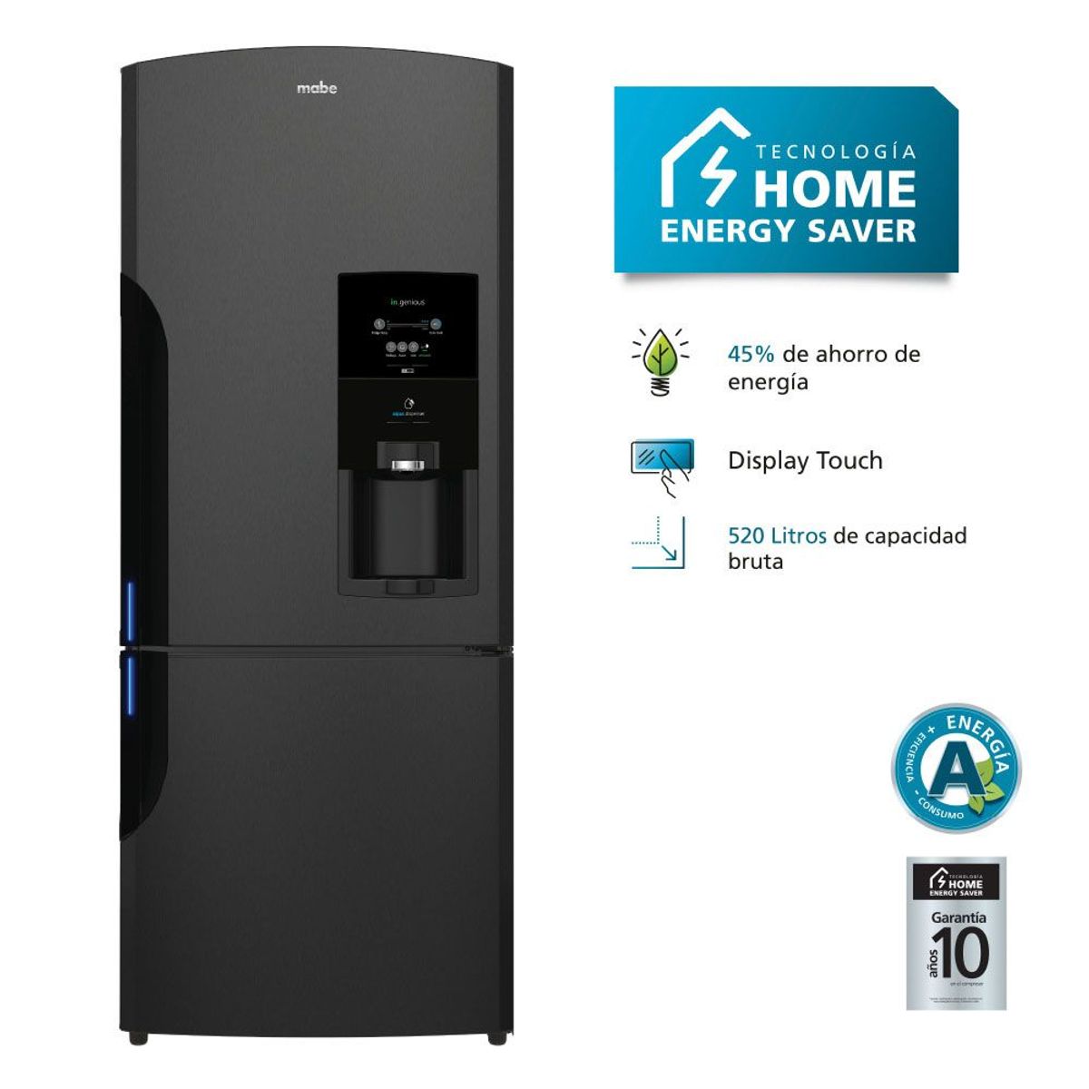 MABE - Refrigeradora Bottom Freezer 491 Lts Netos Black Steel Mabe - RMB520IBPRP0