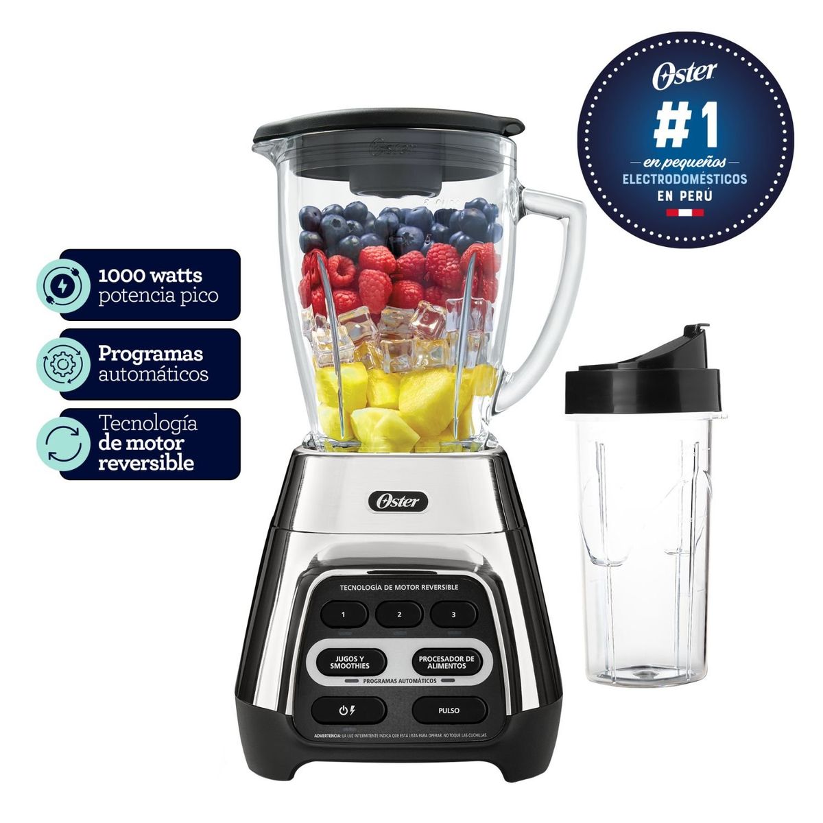OSTER - Licuadora motor reversible 1.5L 1000W con Blender