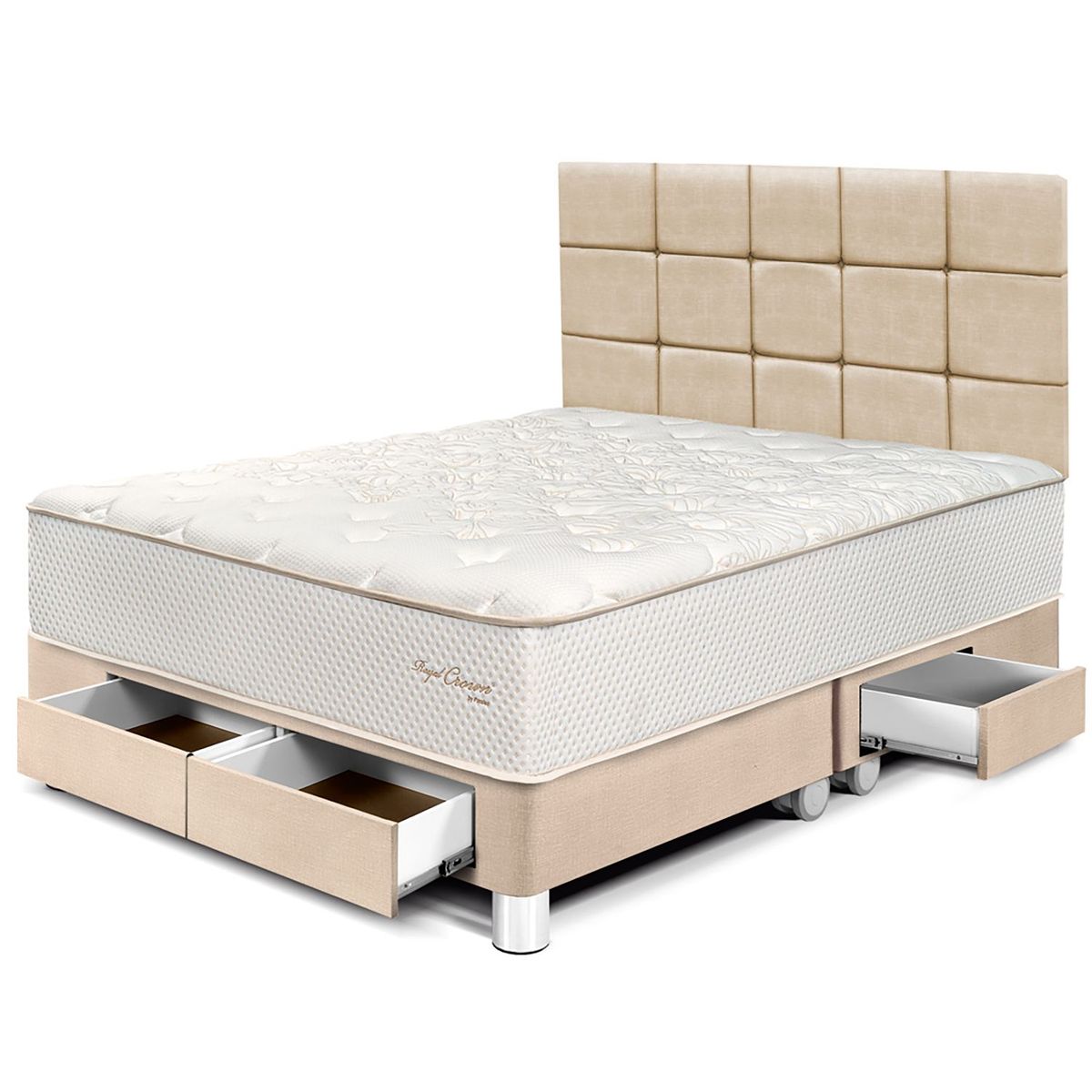 PARAISO - Dormitorio con Cajones Royal Crown Blocks Queen + 2 Almohadas Viscoelásticas + Protector