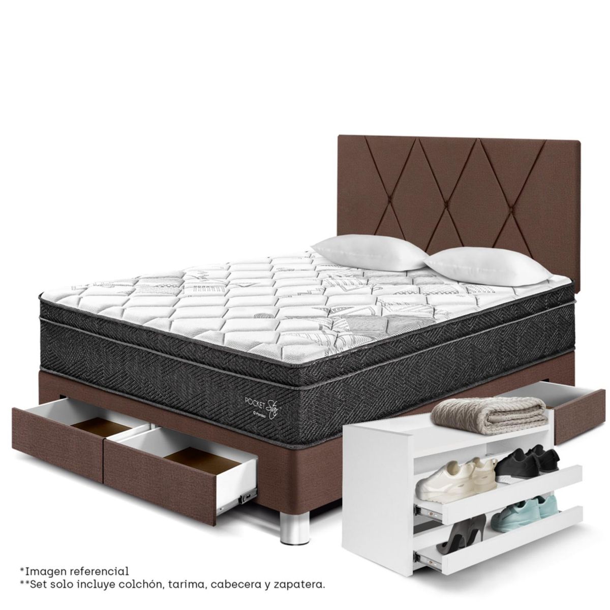 PARAISO - Dormitorio con Cajones Pocket Star Loft 2 Plz + Zapatera + 2 Almohadas + Protector