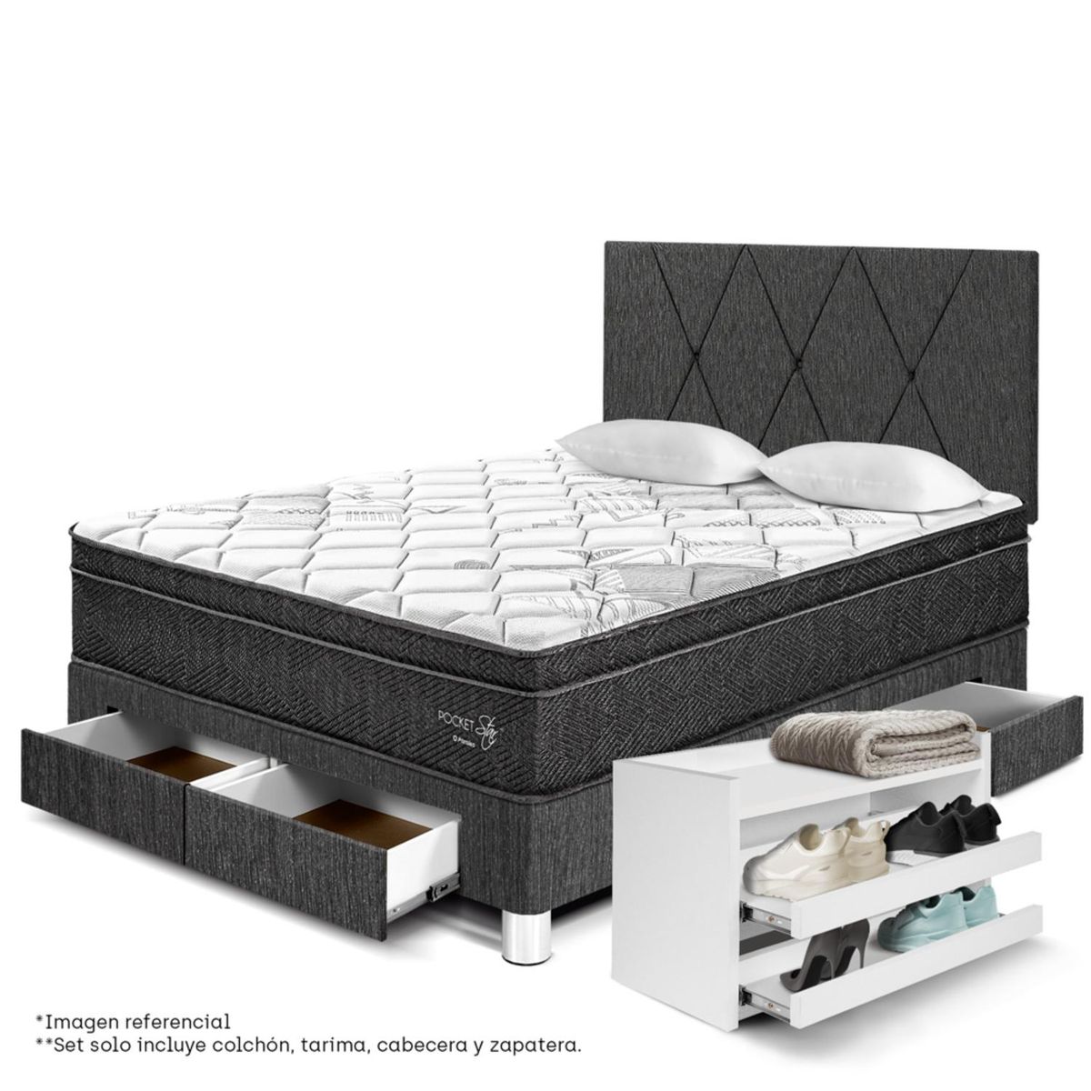 PARAISO - Dormitorio con Cajones Pocket Star Loft 2 Plz + Zapatera + 2 Almohadas + Protector