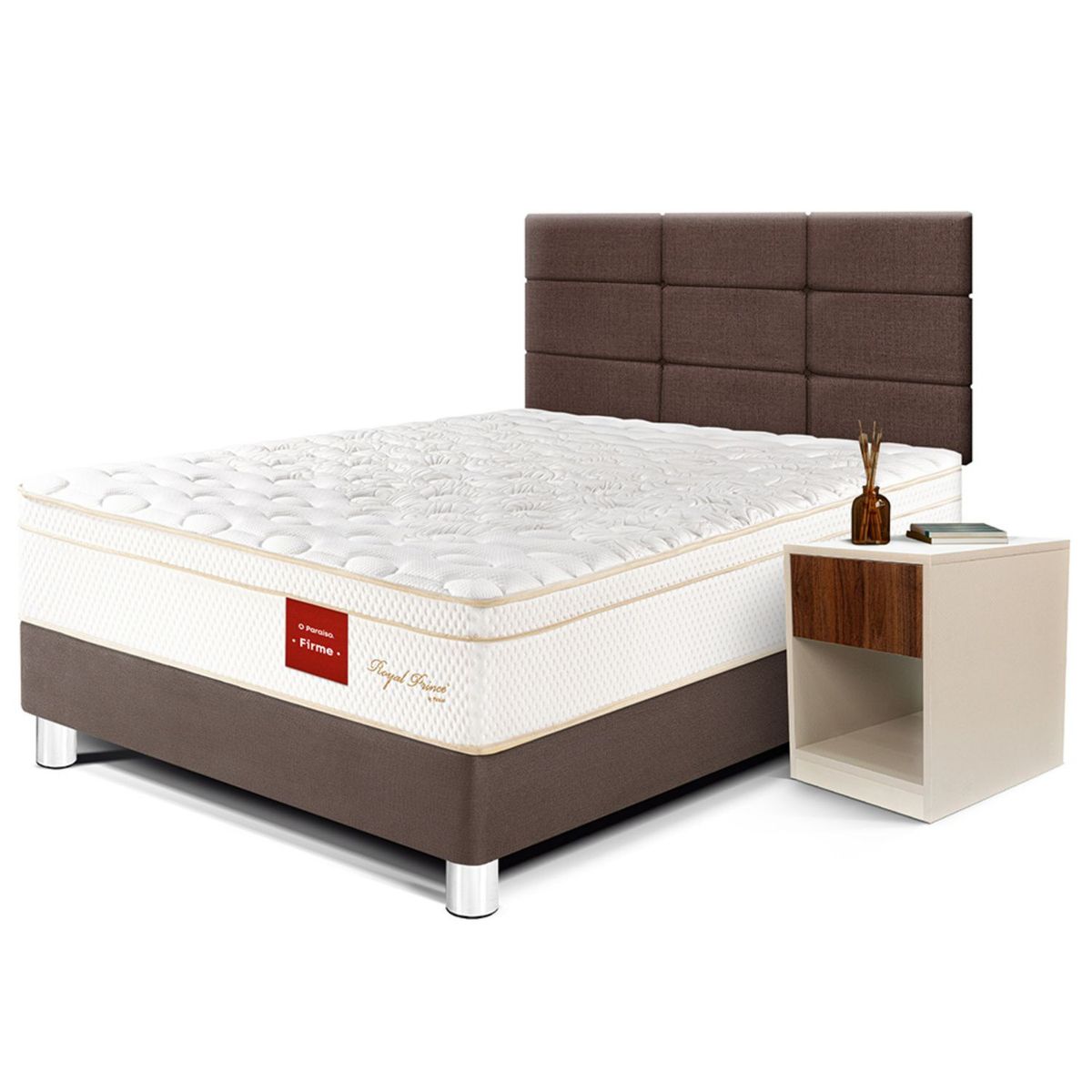 PARAISO - Dormitorio Royal Prince Firme Blocks 1.5 Plz Chocolate + 1 Velador + 1 Almohada Viscoelástica