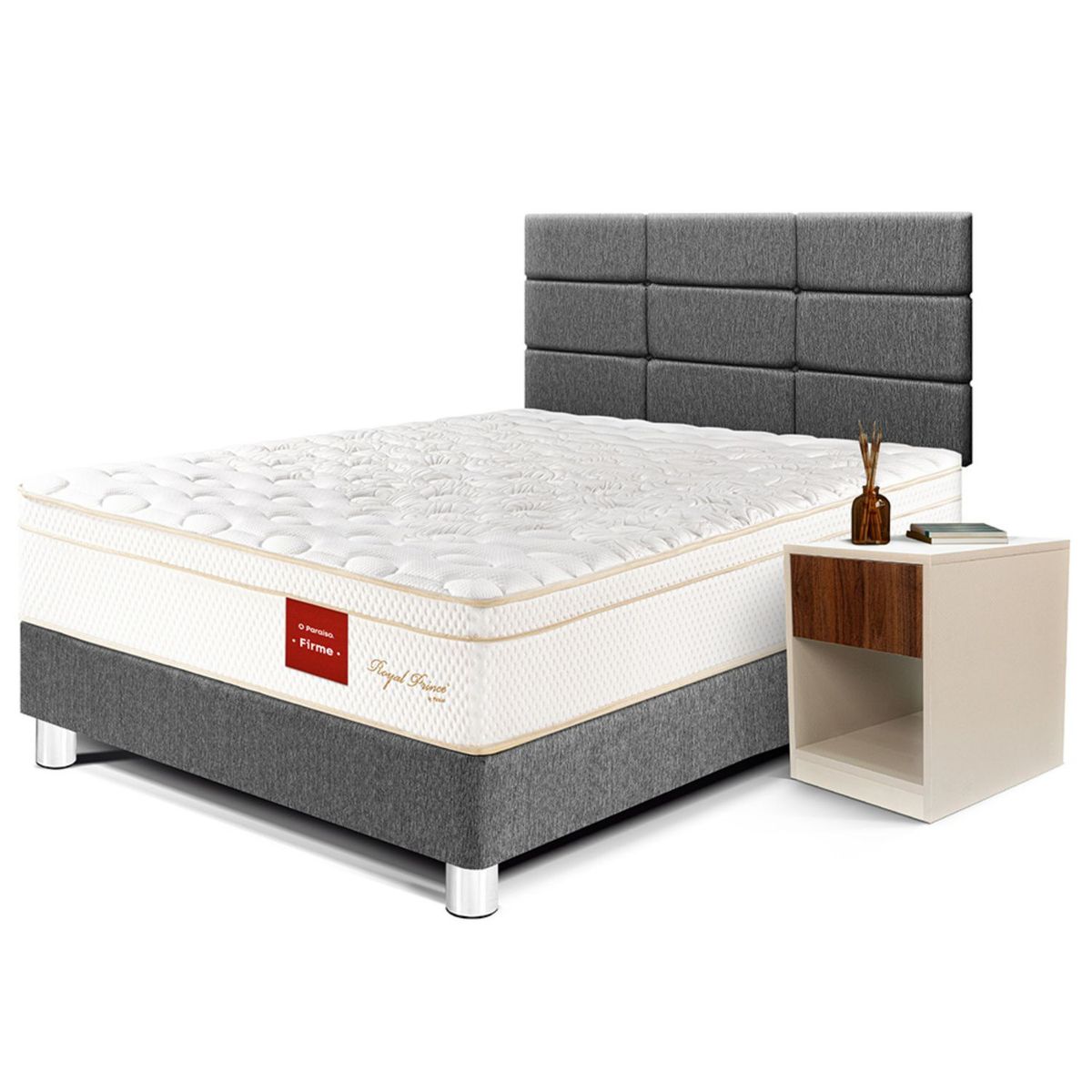 PARAISO - Dormitorio Royal Prince Firme Blocks 1.5 Plz Gris + 1 Velador + 1 Almohada Viscoelástica