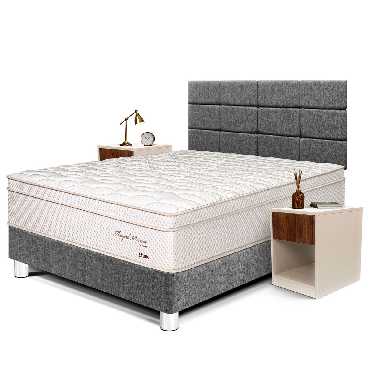 PARAISO - Dormitorio Royal Prince Firme Blocks 2 Plz + 2 Veladores + 2 Almohadas Viscoelásticas + Protector