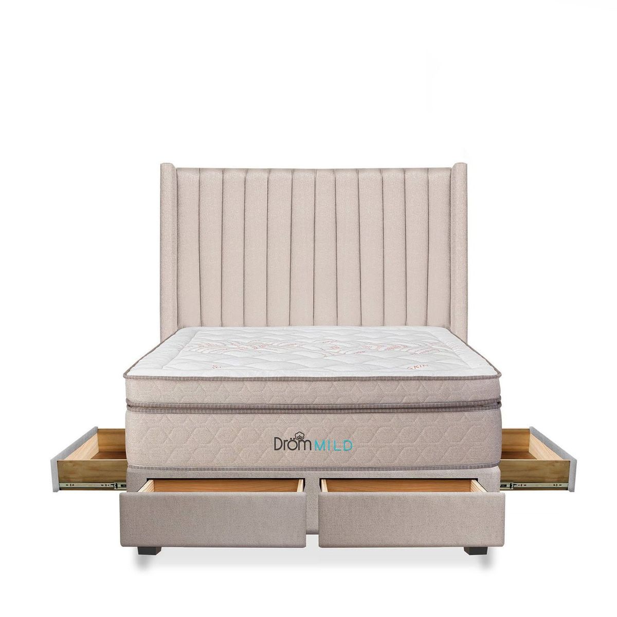DROM - Dormitorio con Cajones Mild Líneas Queen + 2 Almohadas Viscoelásticas + Protector