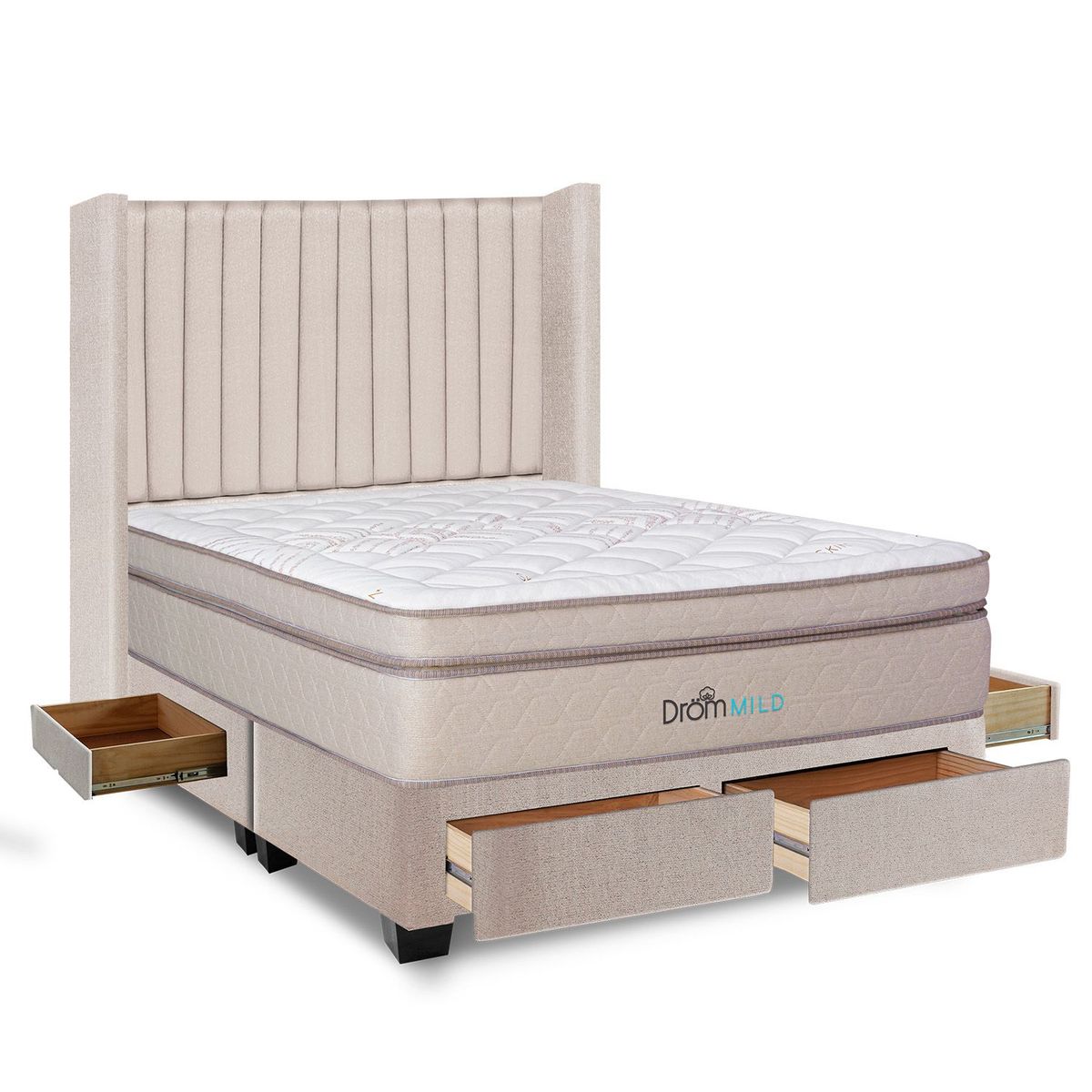 DROM - Dormitorio con Cajones Mild Líneas Queen + 2 Almohadas Viscoelásticas + Protector