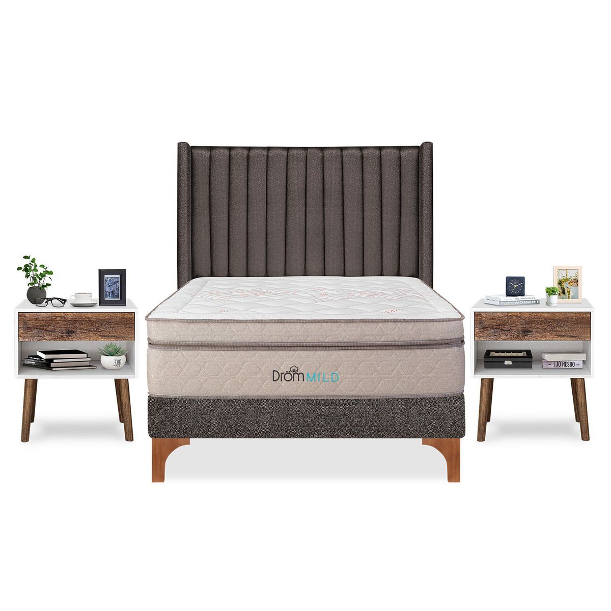 DROM - Dormitorio Europeo Mild Lineas 2 Plz + 2 Veladores Luxe + 2 Almohadas Viscoelásticas + Protector