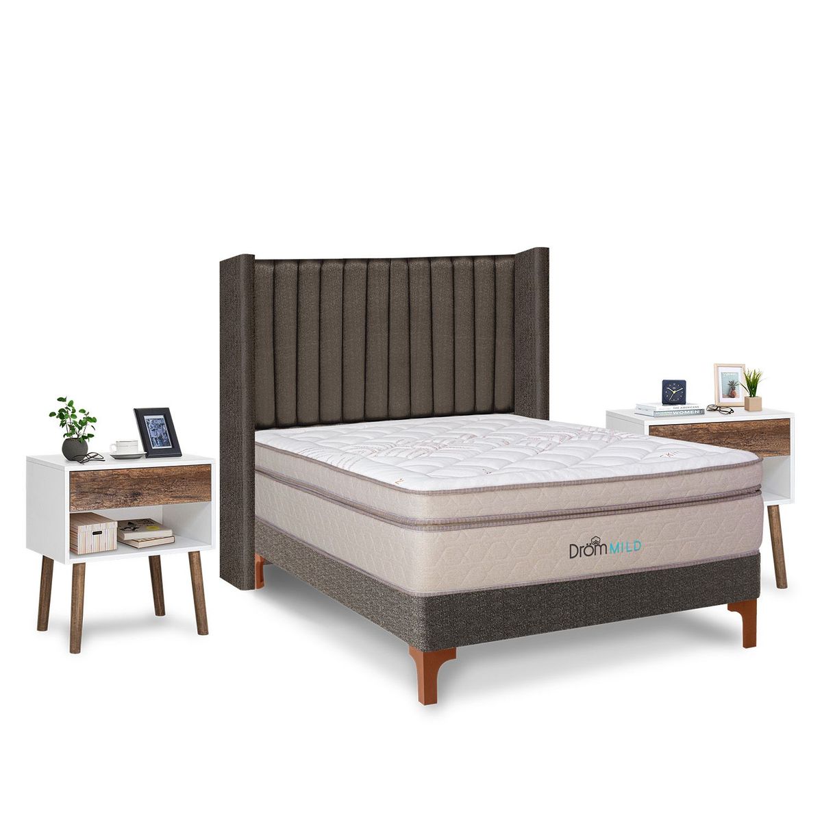DROM - Dormitorio Europeo Mild Lineas 2 Plz + 2 Veladores Luxe + 2 Almohadas Viscoelásticas + Protector