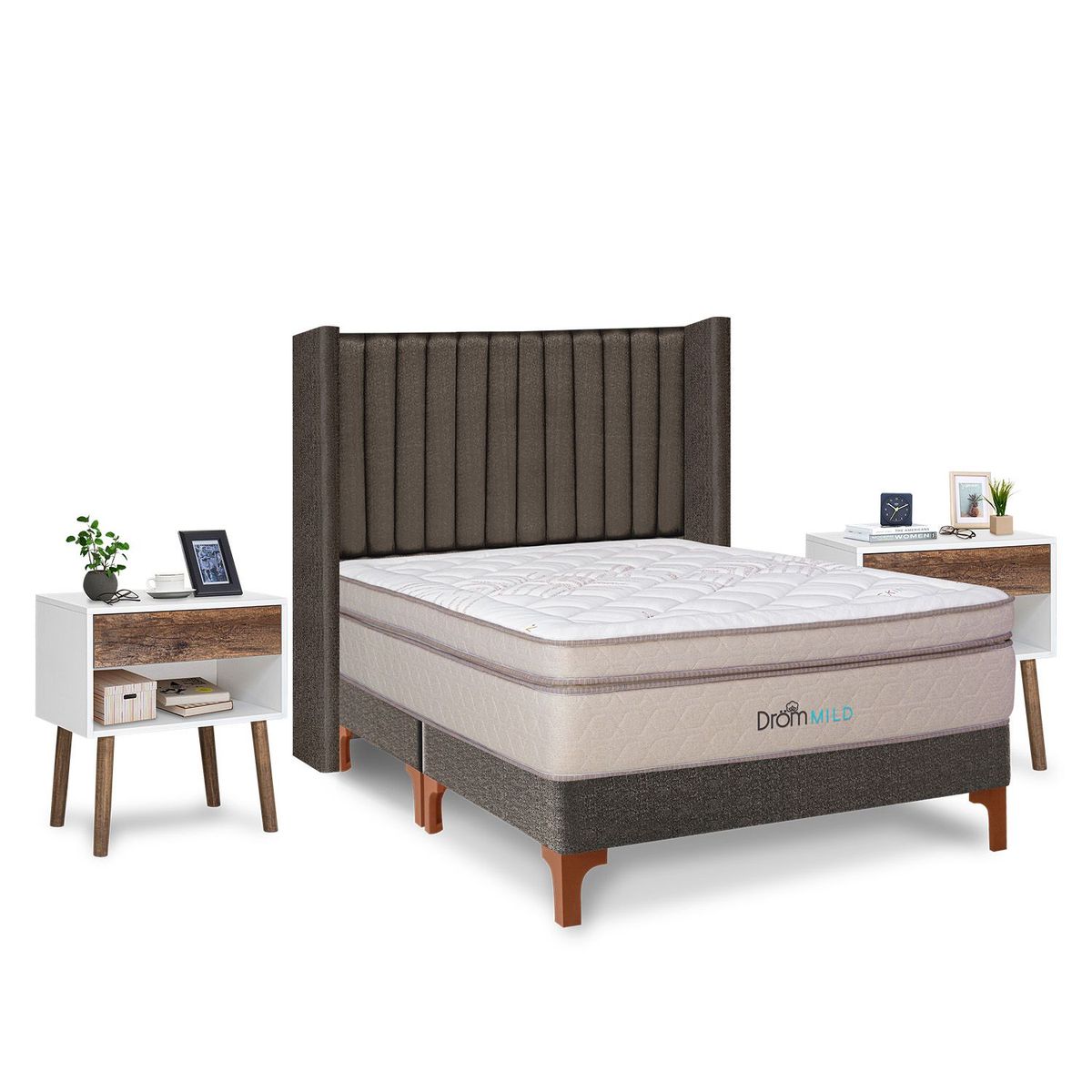 DROM - Dormitorio Europeo Mild Lineas Queen + 2 Veladores Luxe + 2 Almohadas Viscoelásticas + Protector