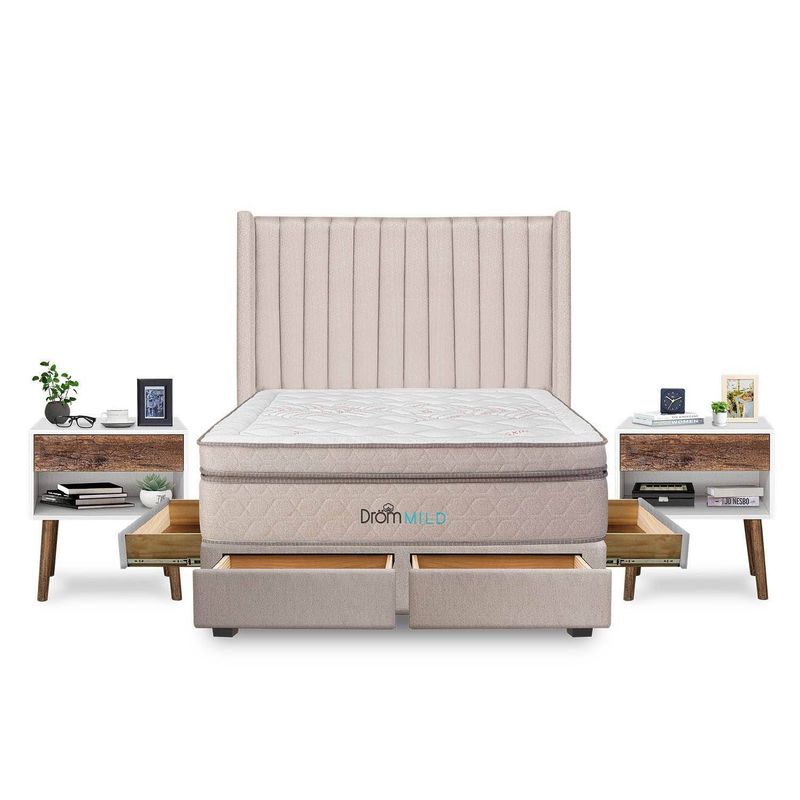 DROM - Dormitorio con Cajones Mild Líneas 2 Plz + 2 Veladores Luxe + 2 Almohadas Viscoelásticas + Protector