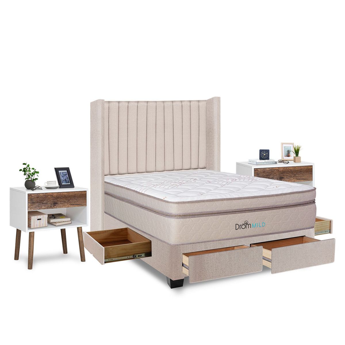 DROM - Dormitorio con Cajones Mild Lineas 2 Plz + 2 Veladores + 2 Almohadas Viscoel�sticas y Protector