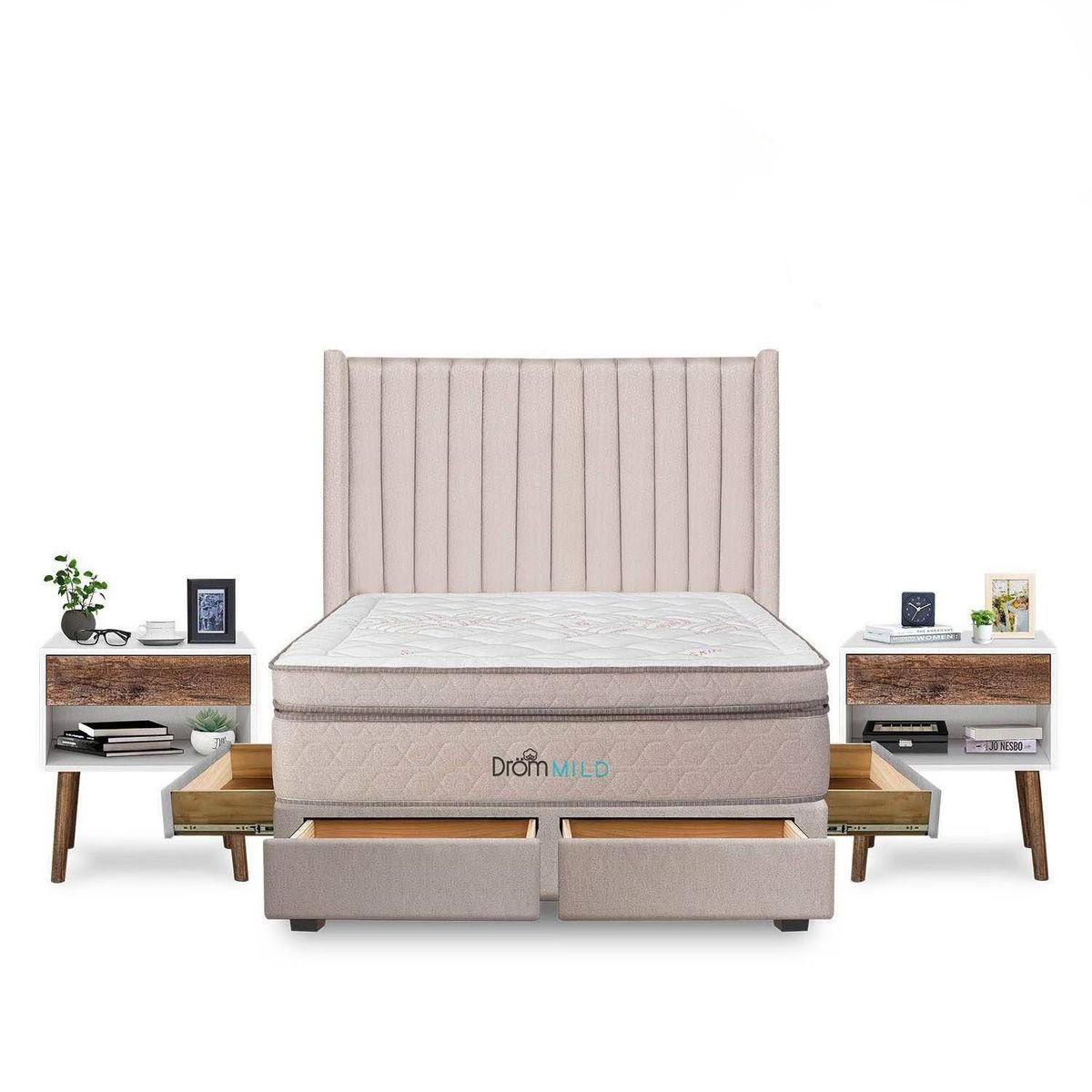 DROM - Dormitorio con Cajones Mild Líneas Queen + 2 Veladores Luxe + 2 Almohadas Viscoelásticas + Protector