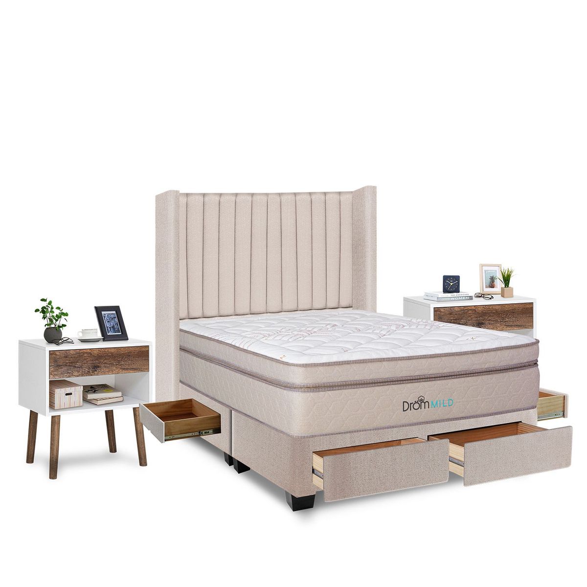 DROM - Dormitorio con Cajones Mild Líneas King + 2 Veladores Luxe + 2 Almohadas Viscoelásticas + Protector