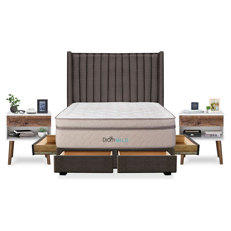 DROM - Dormitorio con Cajones Mild Líneas 2 Plz + 2 Veladores Luxe + 2 Almohadas Viscoelásticas + Protector