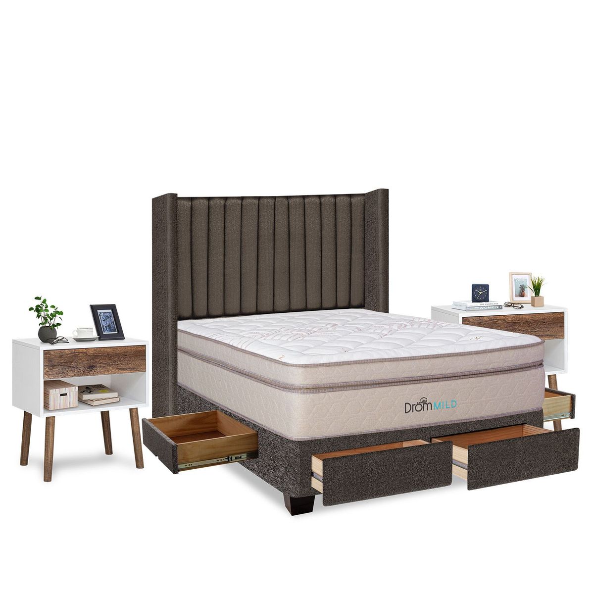 DROM - Dormitorio con Cajones Mild Líneas 2 Plz + 2 Veladores Luxe + 2 Almohadas Viscoelásticas + Protector