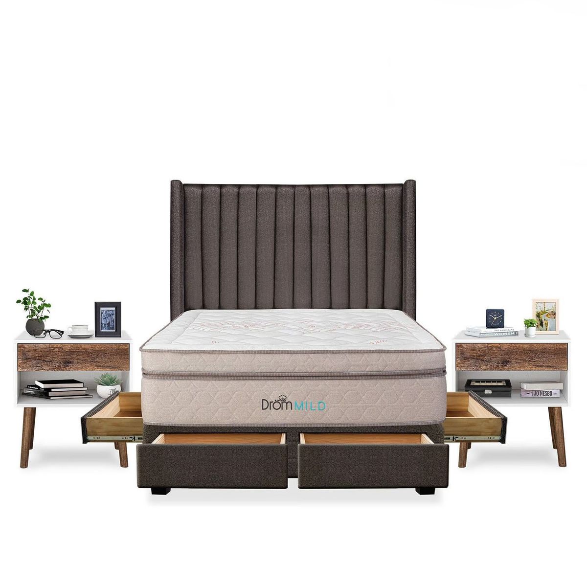 DROM - Dormitorio con Cajones Mild Lineas Queen + 2 Almohadas Viscoelásticas y Protector + 2 Veladores