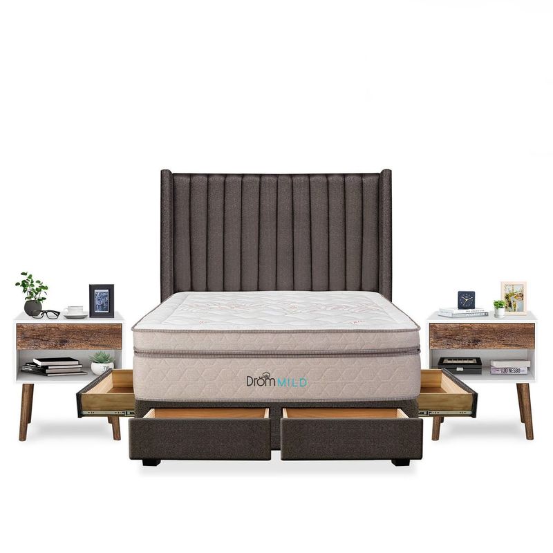 DROM - Dormitorio con Cajones Mild Líneas Queen + 2 Veladores Luxe + 2 Almohadas Viscoelásticas + Protector