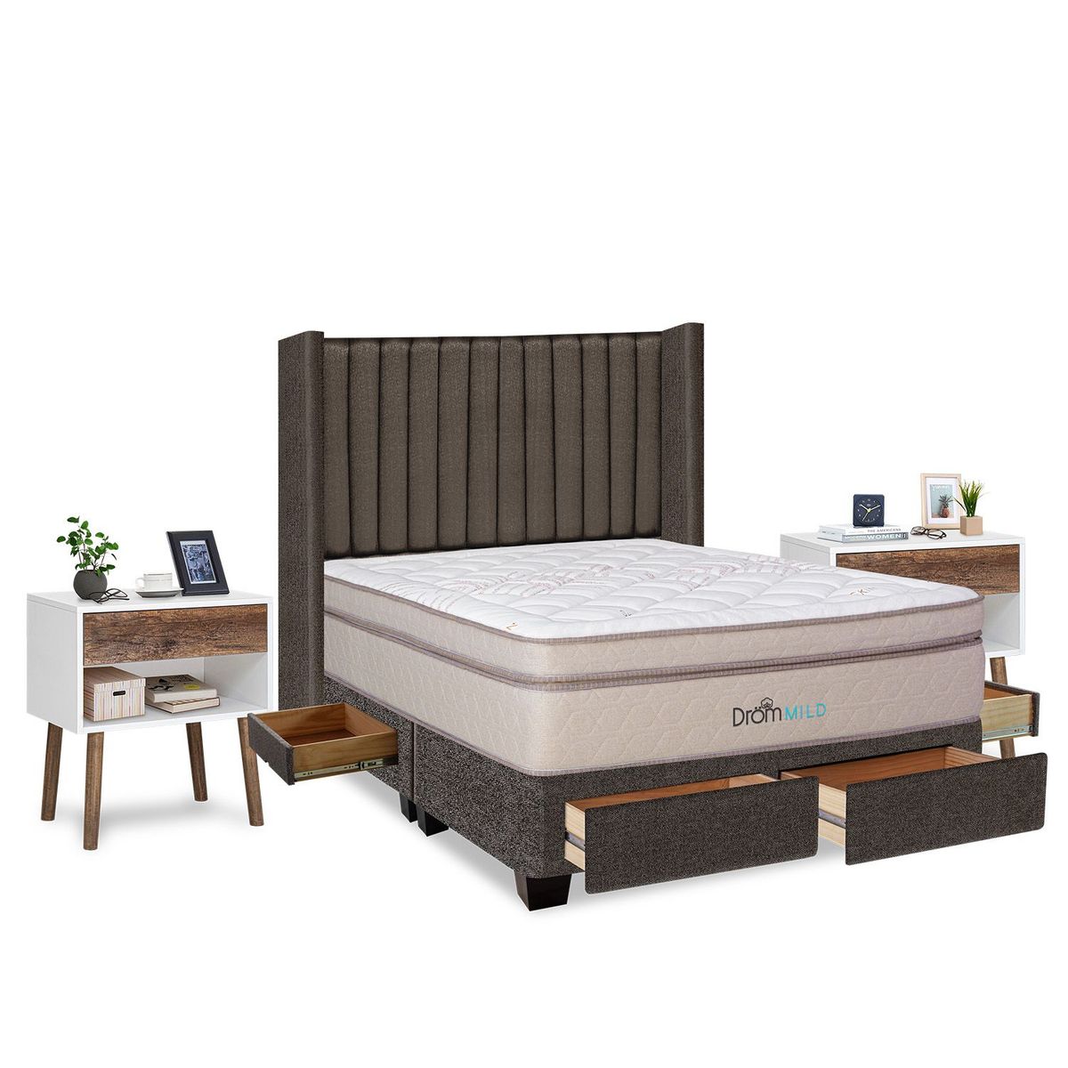 DROM - Dormitorio con Cajones Mild Lineas Queen + 2 Almohadas Viscoelásticas y Protector + 2 Veladores
