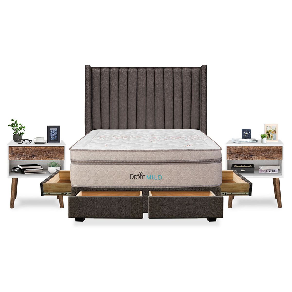 DROM - Dormitorio con Cajones Mild Lineas King + 2 Almohadas Viscoelásticas y Protector + 2 Veladores