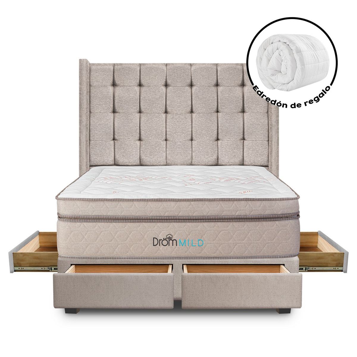 DROM - Dormitorio con Cajones Mild Cuadros Queen + 2 Almohadas Viscoelásticas + Protector