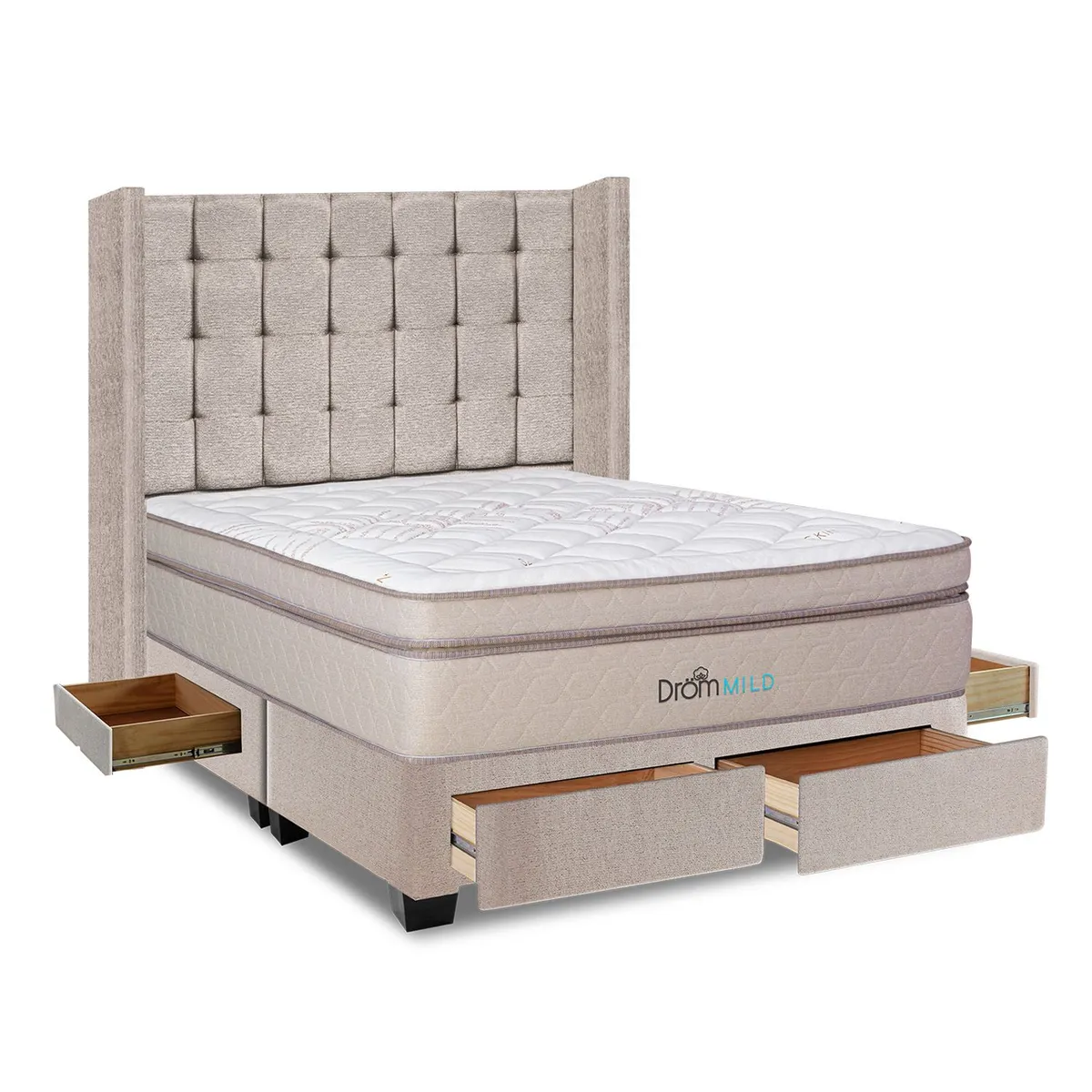 DROM - Dormitorio con Cajones Mild Cuadros Queen + 2 Almohadas Viscoelásticas + Protector