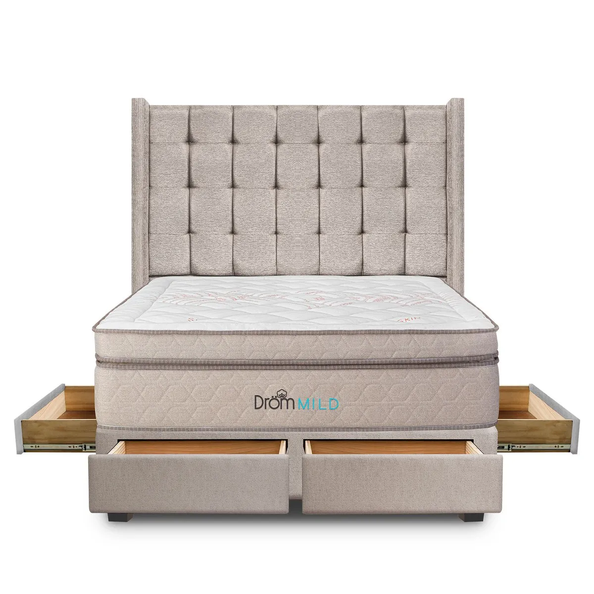 DROM - Dormitorio con Cajones Mild Cuadros King + 2 Almohadas Viscoelásticas y Protector