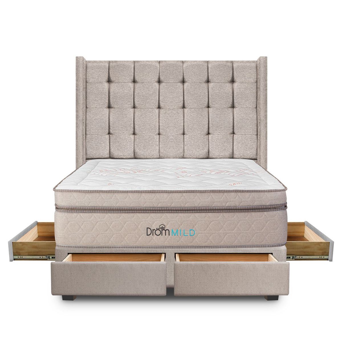 DROM - Dormitorio con Cajones Mild Cuadros King + 2 Almohadas Viscoelásticas y Protector