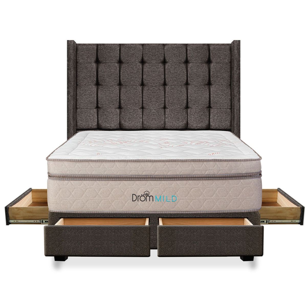 DROM - Dormitorio con Cajones Mild Cuadros Queen + 2 Almohadas Viscoelásticas + Protector