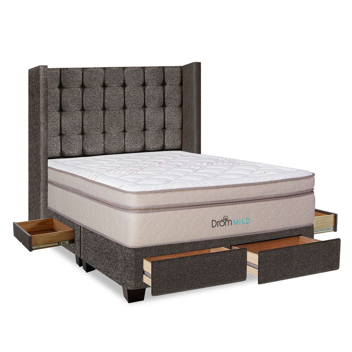 DROM - Dormitorio con Cajones Mild Cuadros King + 2 Almohadas Viscoelásticas + Protector