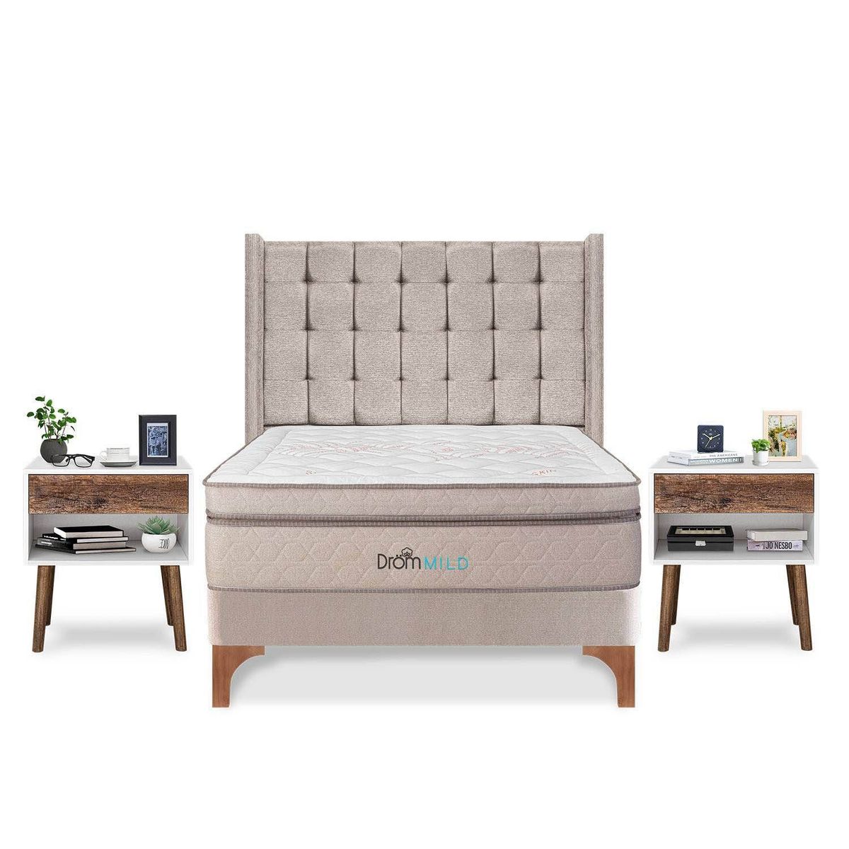 DROM - Dormitorio Europeo Mild Cuadros 2 Plz + 2 Veladores Luxe + 2 Almohadas Viscoelásticas + Protector