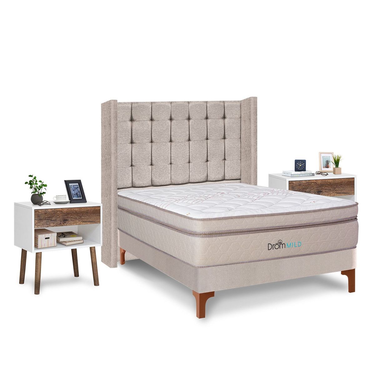 DROM - Dormitorio Europeo Mild Cuadros 2 Plz + 2 Veladores Luxe + 2 Almohadas Viscoelásticas + Protector