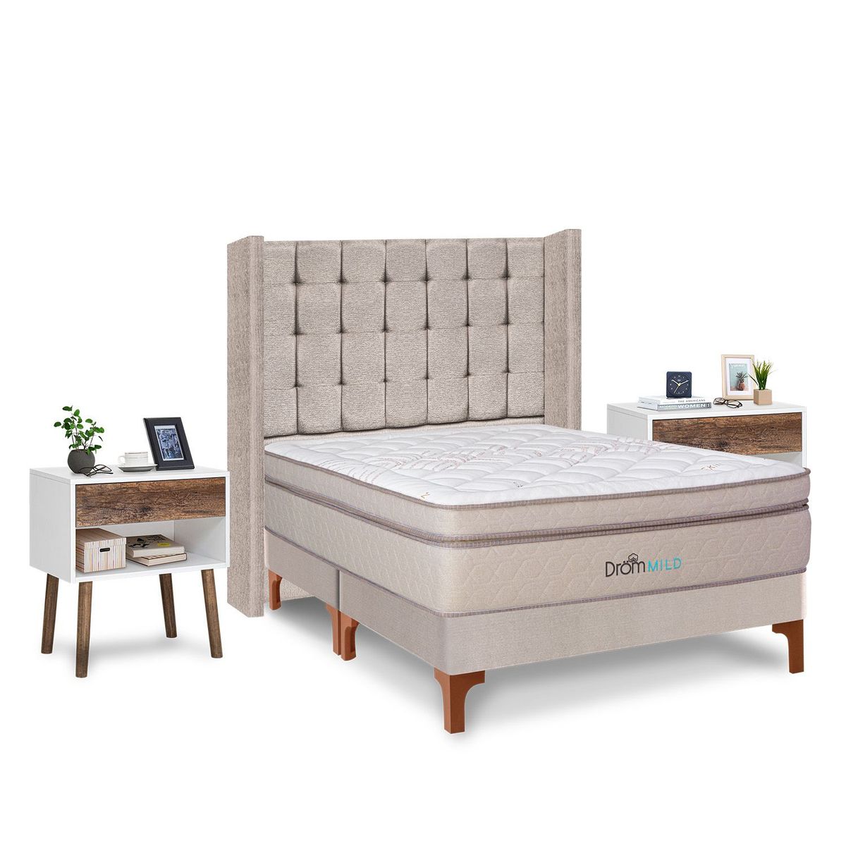 DROM - Dormitorio Europeo Mild Cuadros King + 2 Almohadas Viscoelásticas y Protector + 2 Veladores