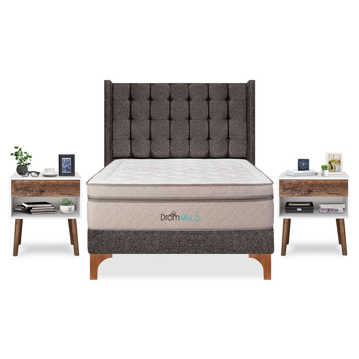 DROM - Dormitorio Europeo Mild Cuadros 2 Plz + 2 Veladores Luxe + 2 Almohadas Viscoelásticas + Protector