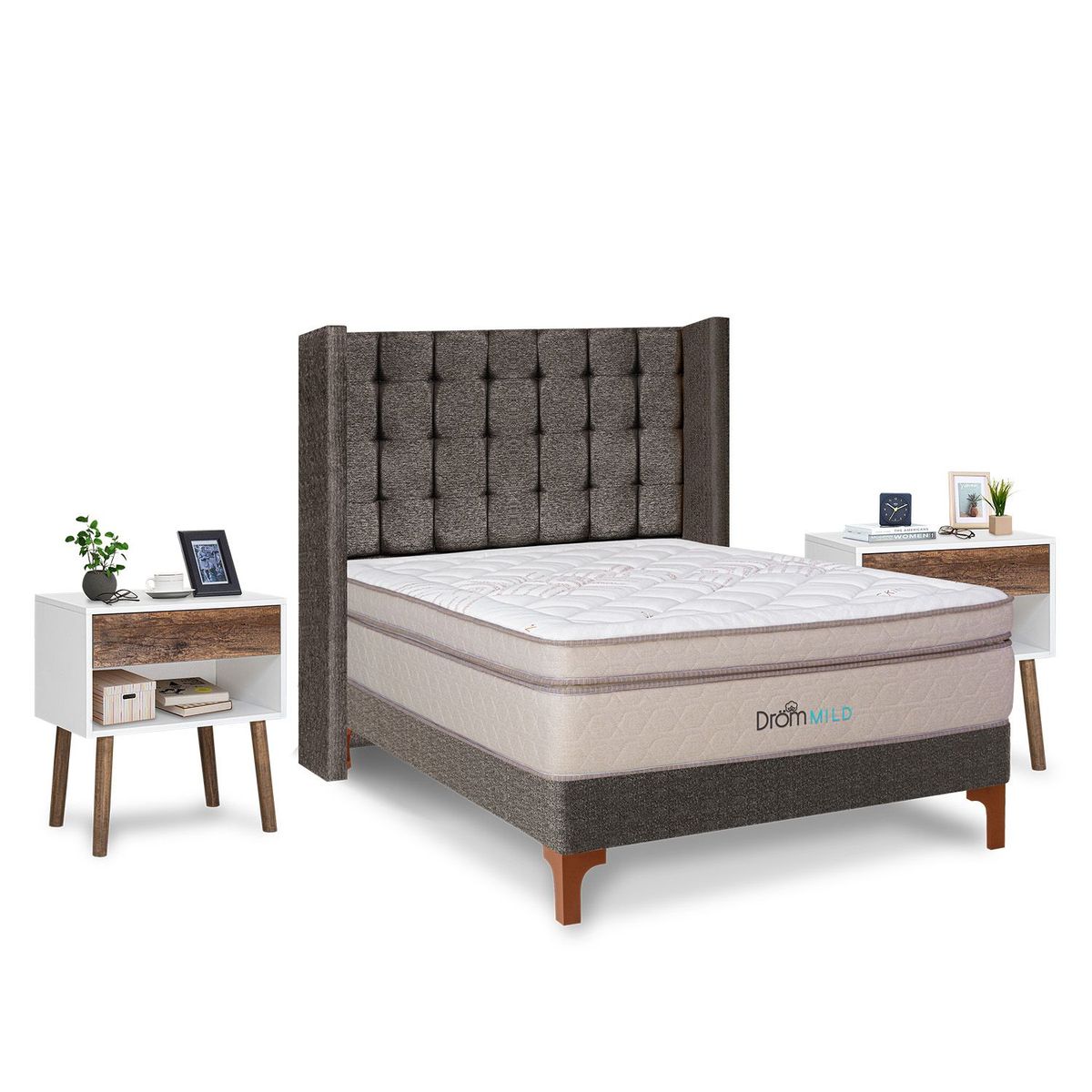 DROM - Dormitorio Europeo Mild Cuadros 2 Plz + 2 Veladores Luxe + 2 Almohadas Viscoelásticas + Protector