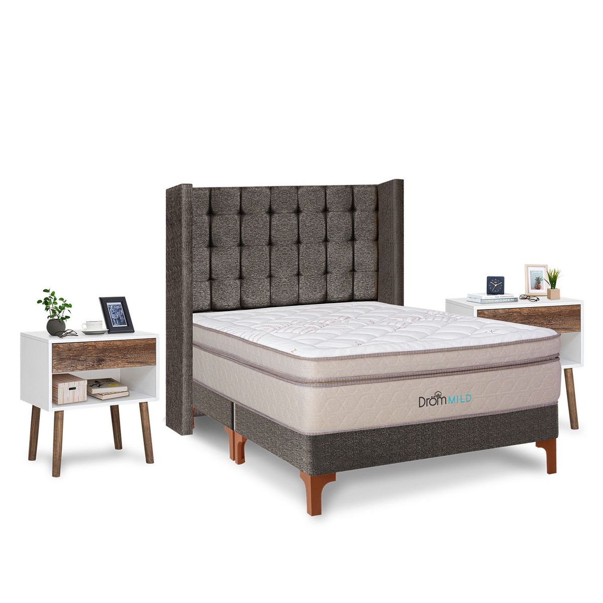 DROM - Dormitorio Europeo Mild Cuadros King + 2 Veladores Luxe + 2 Almohadas Viscoelásticas + Protector