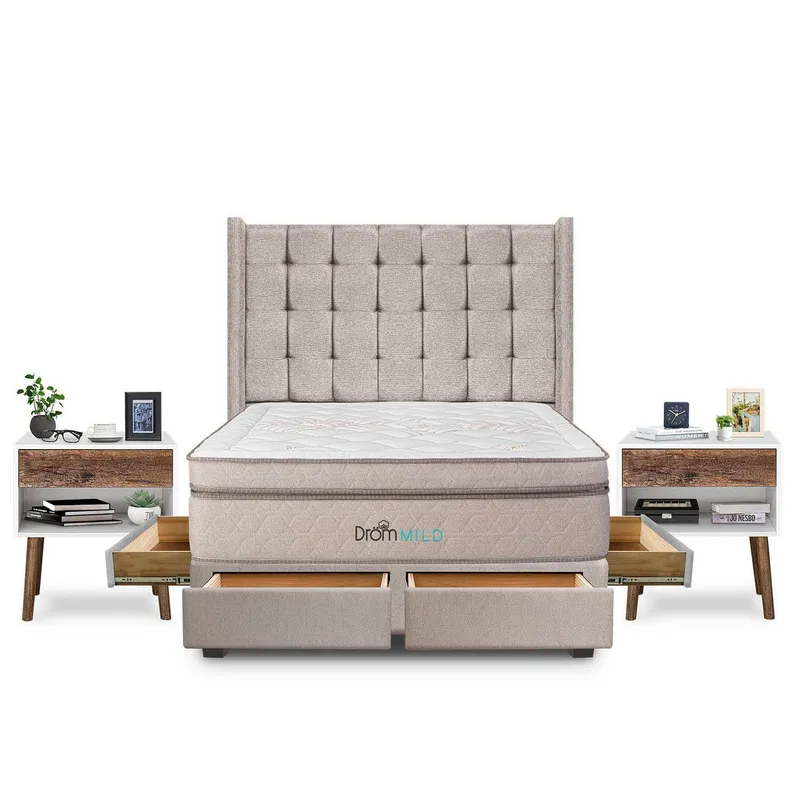 DROM - Dormitorio con Cajones Mild Cuadros Queen + 2 Veladores Luxe + 2 Almohadas Viscoelásticas + Protector