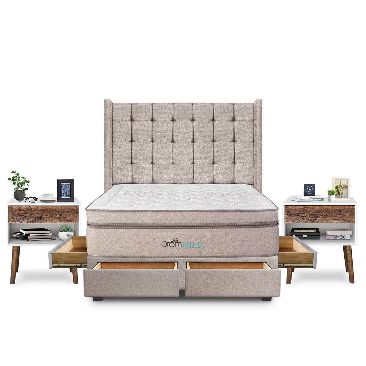 DROM - Dormitorio con Cajones Mild Cuadros King + 2 Veladores Luxe + 2 Almohadas Viscoelásticas + Protecto