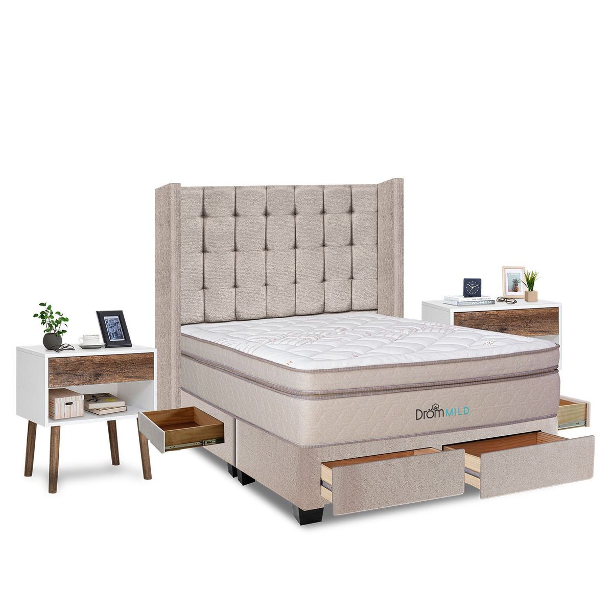 DROM - Dormitorio con Cajones Mild Cuadros King + 2 Veladores Luxe + 2 Almohadas Viscoelásticas + Protecto